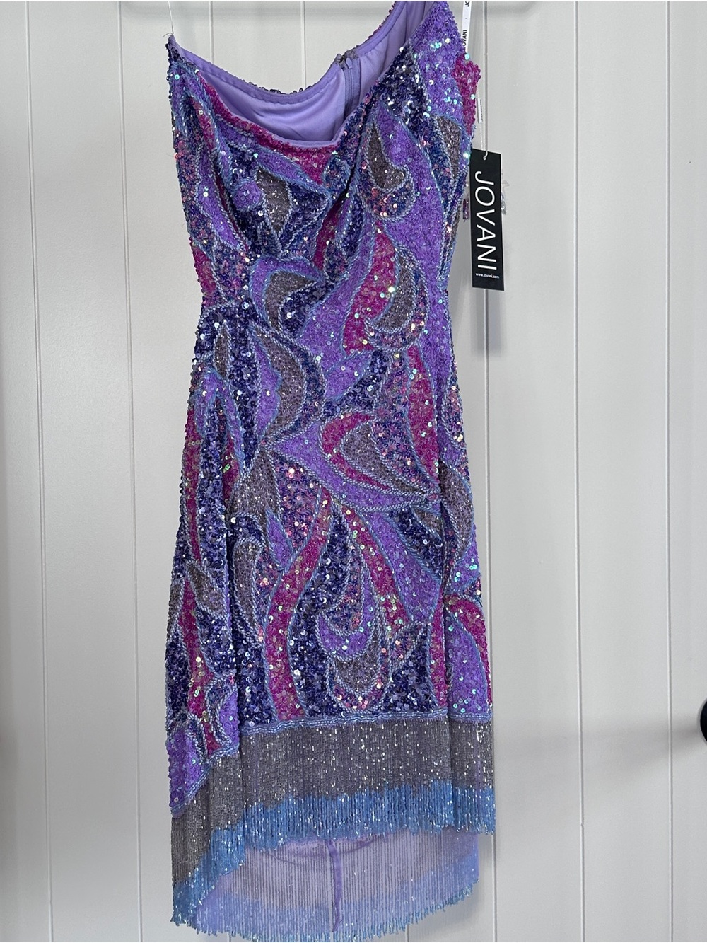 NWT Jovani 40076 Sequin Fringe One Shoulder Cutout Mini Dress Purple Lilac